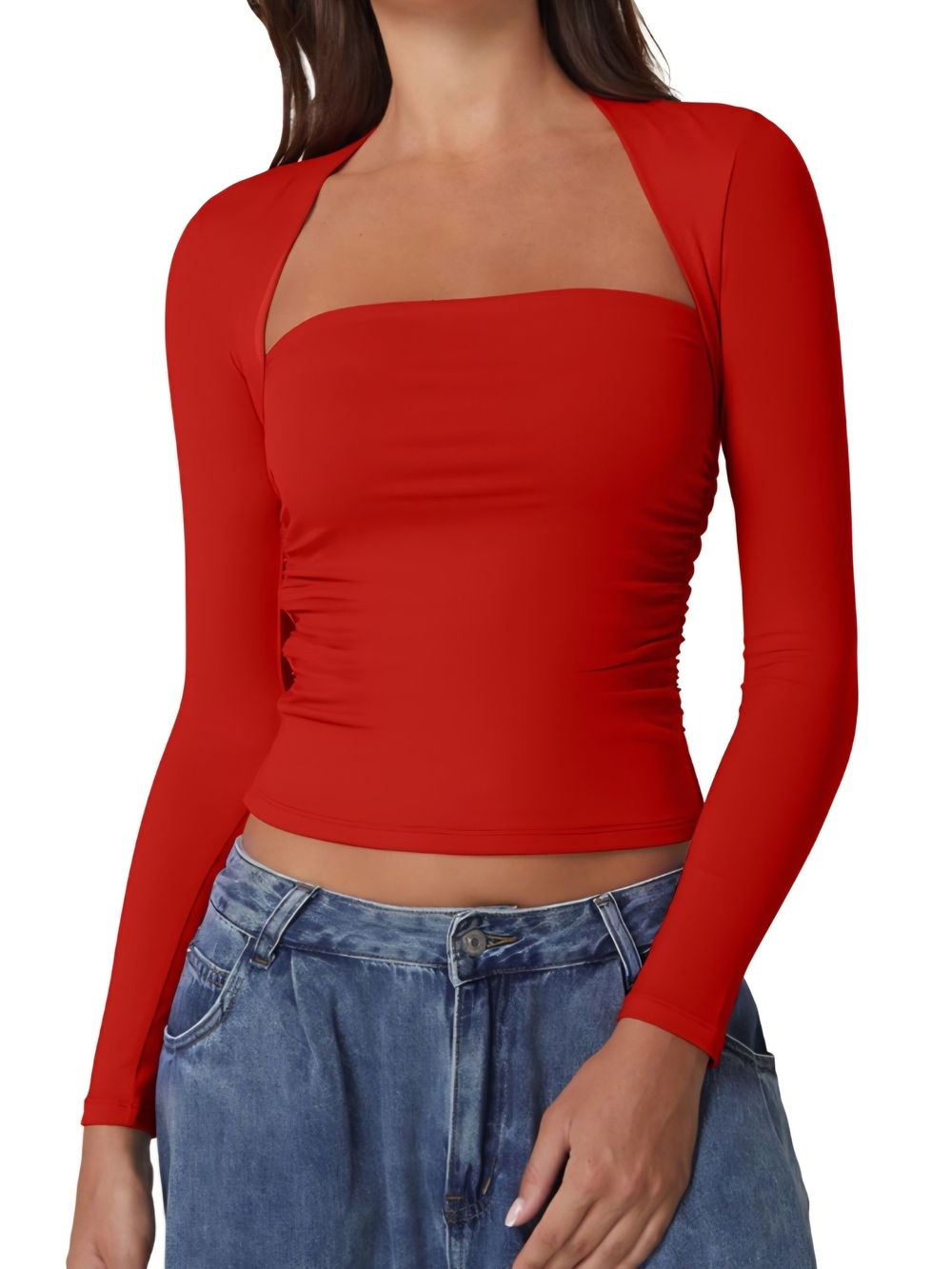 Red Crop Top Long Sleeve Square Neck Slim Fit Tee XS - Night Out Ready! NWT